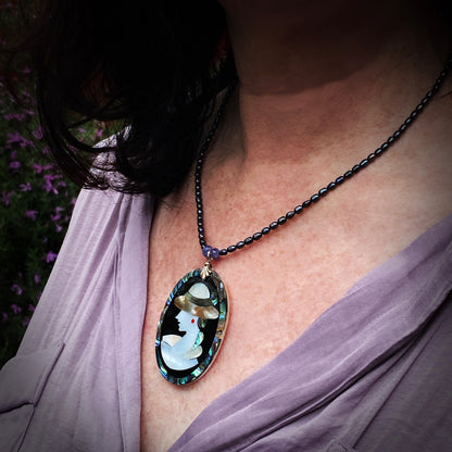 Mother of Pearl Cameo pendant, fresh water pearls & Tanzanite gemstone necklace