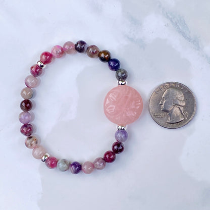 Mixed Tormaline or Red Lepidolite and Rose Quartz gemstone bracelets