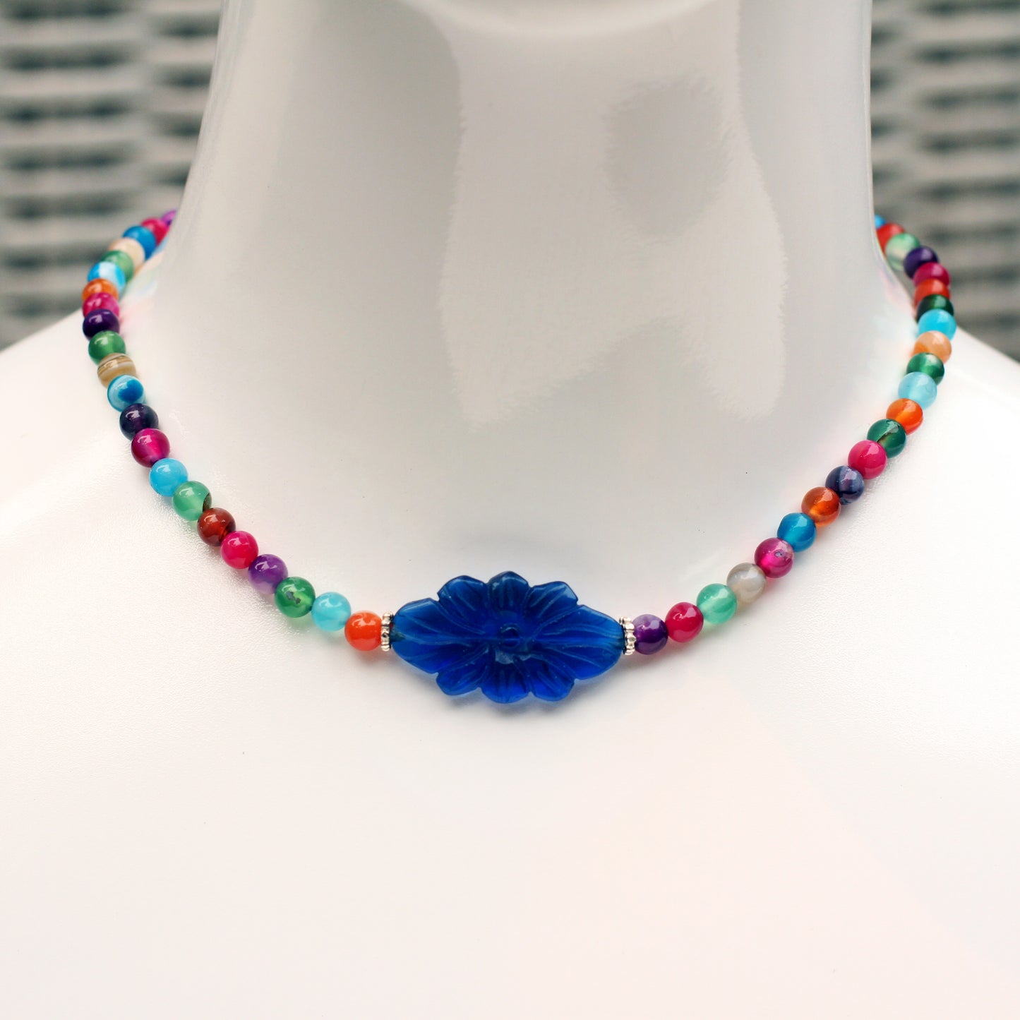 Multicolored Agate Gemstone Necklace with Carved Blue Agate Flower Pendant