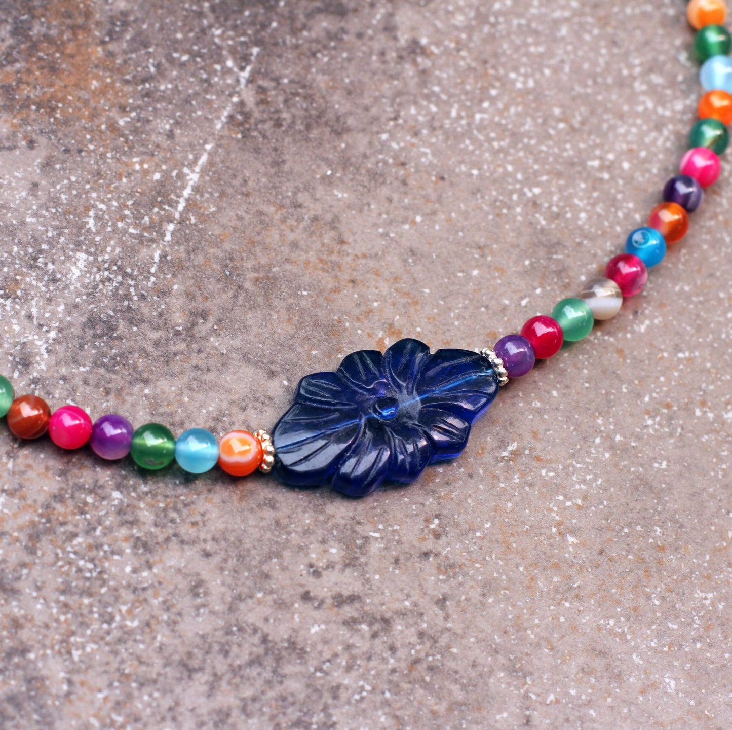 Multicolored Agate Gemstone Necklace with Carved Blue Agate Flower Pendant