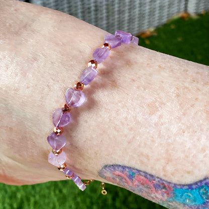 Amethyst gemstone Heart and Rose Hematite anklet w/ 14 kt gf Clasp and Chain