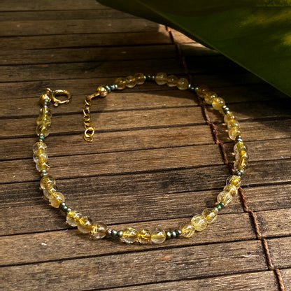 Golden Rutile Quartz Gemstone and fresh water Pearls Anklet