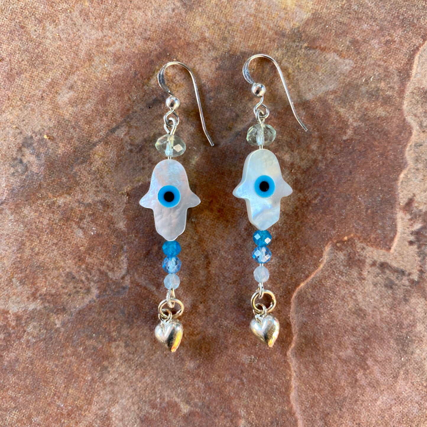 Mother of Pearl Hamsa, fluorite, apatite, blue topaz, aquamarine Gemstone Earrings