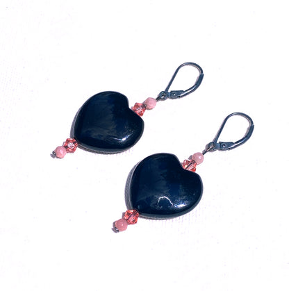 Large Black Onyx Hearts, Pink Swarovski Crystal & Pink opal drop Earrings