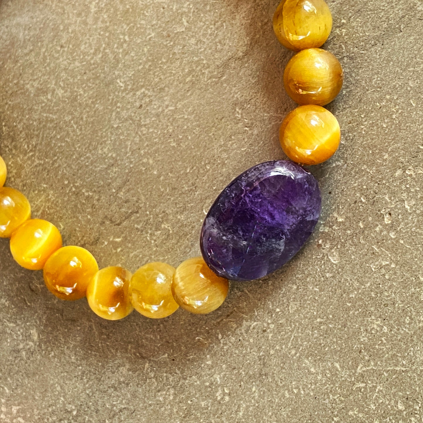 Men’s Golden TigerEye Gemstone Bracelet with Amethyst and Purple Skull stretch bracelet