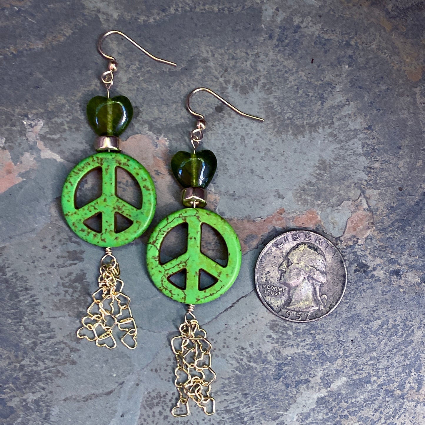 Peace Sign and Various Gemstone Heart Earrings