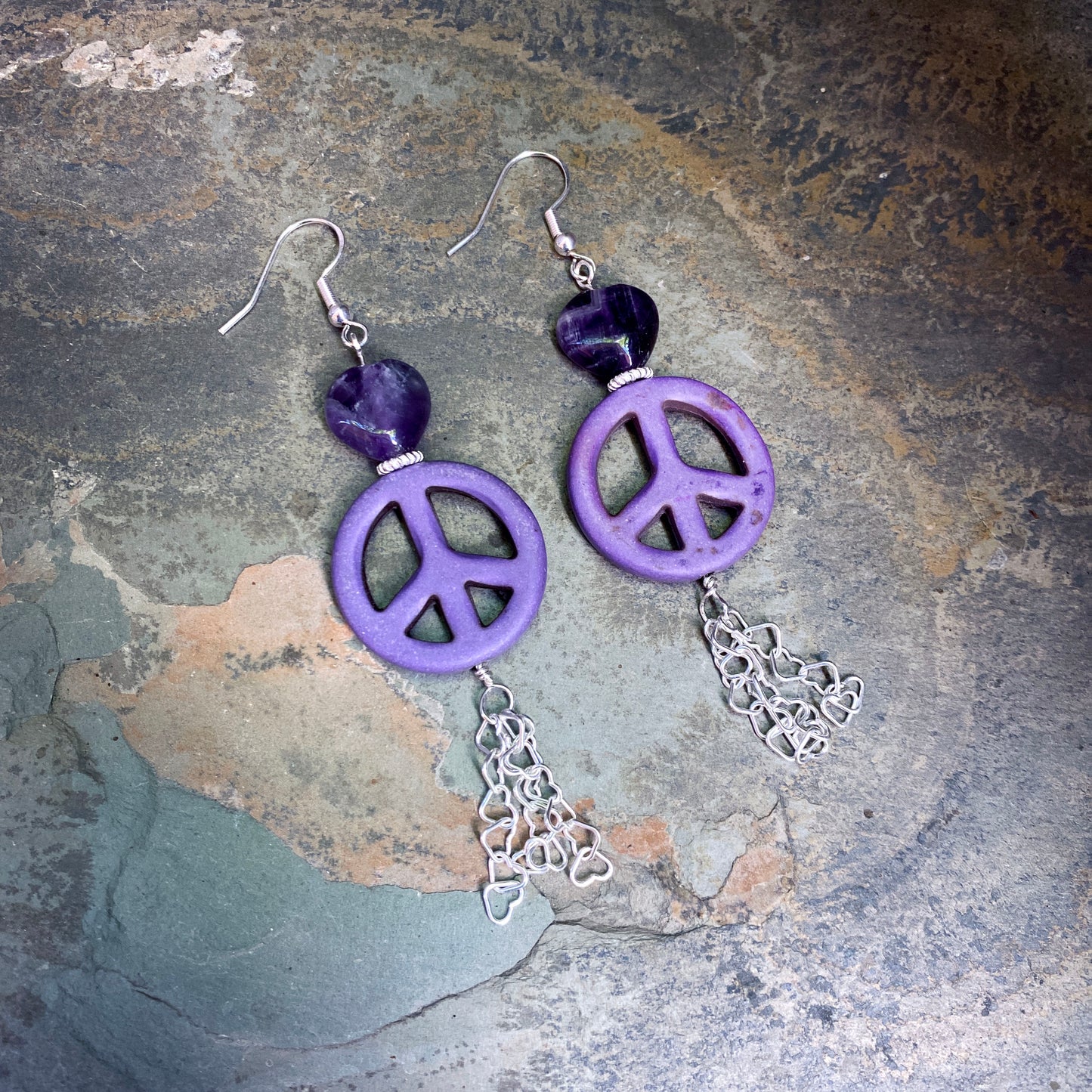 Peace Sign and Various Gemstone Heart Earrings