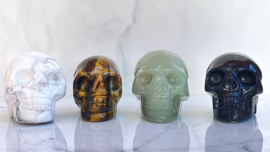 Natural Tiger Eye, Obsidian, Aventurine or Quartz gemstone Skull