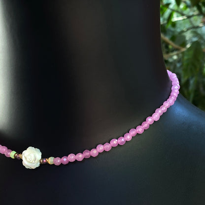 Women's Pink Agate, Opal Gemstone with Mother of Pearl Rose Choker necklace
