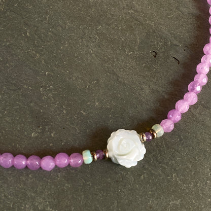 Women's Pink Agate, Opal Gemstone with Mother of Pearl Rose Choker necklace