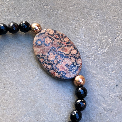 Leopard Print Jasper Gemstone , Faceted Black Onyx, and 14 Kt Gf Women’s Stretch Bracelet