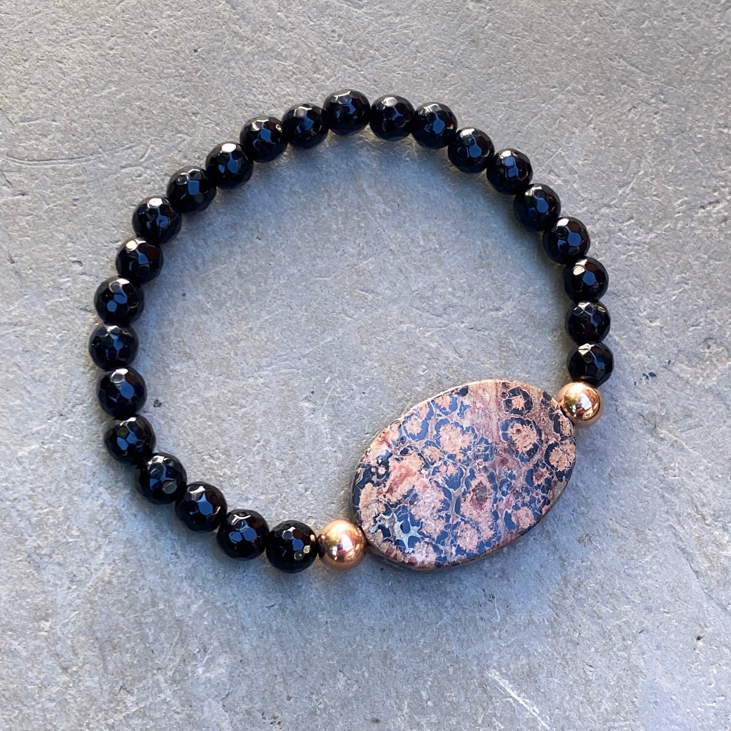 Leopard Print Jasper Gemstone , Faceted Black Onyx, and 14 Kt Gf Women’s Stretch Bracelet