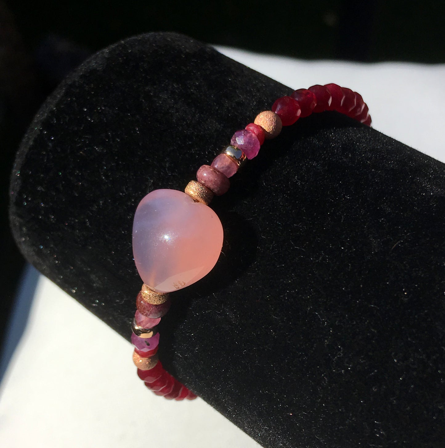Women's chalcedony Pink Heart Gemstone, red jade, pink tourmaline, pink sapphires & rubies bracelet