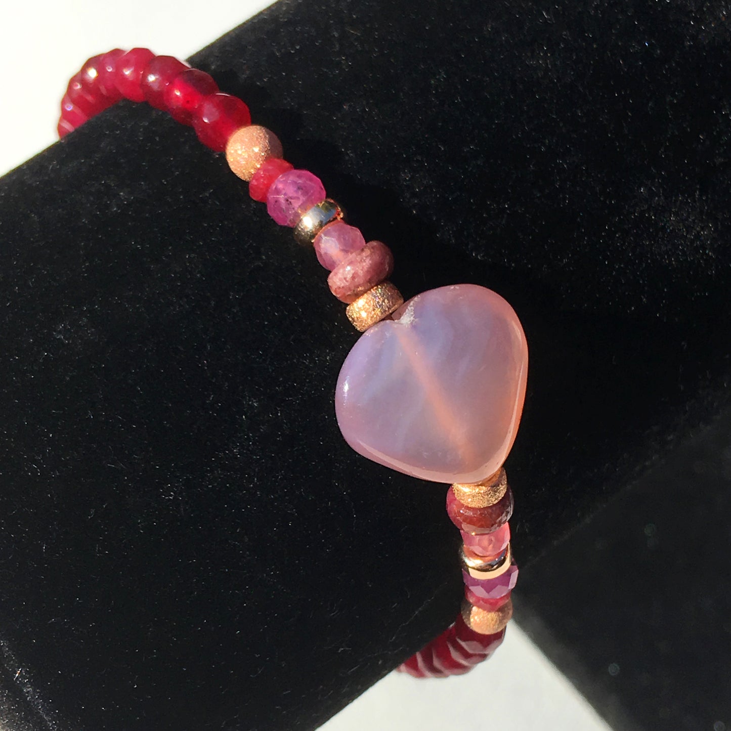 Women's chalcedony Pink Heart Gemstone, red jade, pink tourmaline, pink sapphires & rubies bracelet