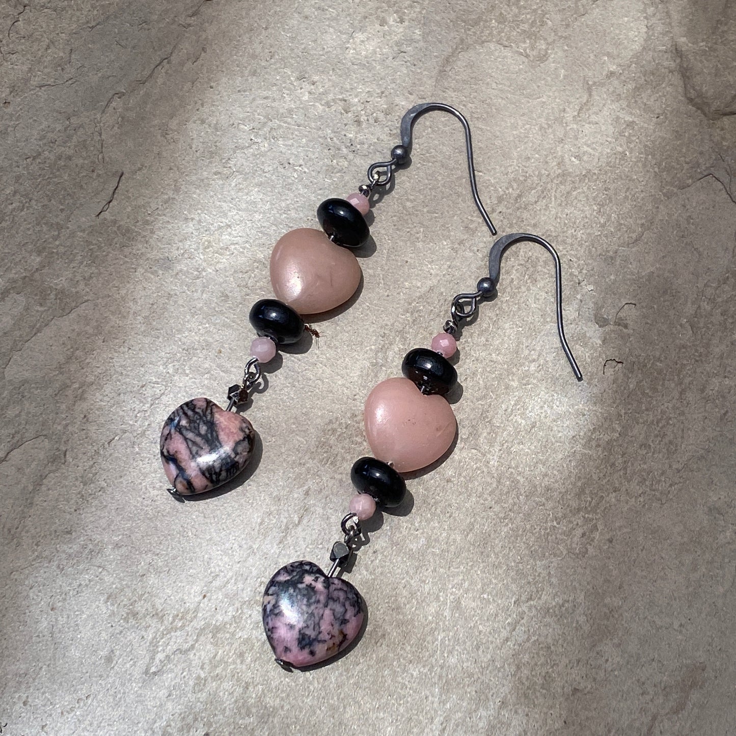 Pink Opal Heart pink Rhodonite, Black Tourmaline Gemstone and oxidized sterling silver Drop Earrings