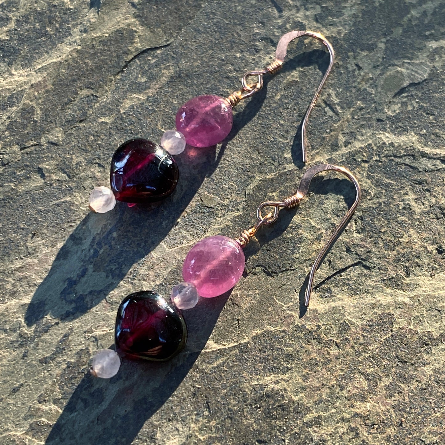Gemstone earrings with Pink Sapphire, Rose Quartz & Garnet Heart