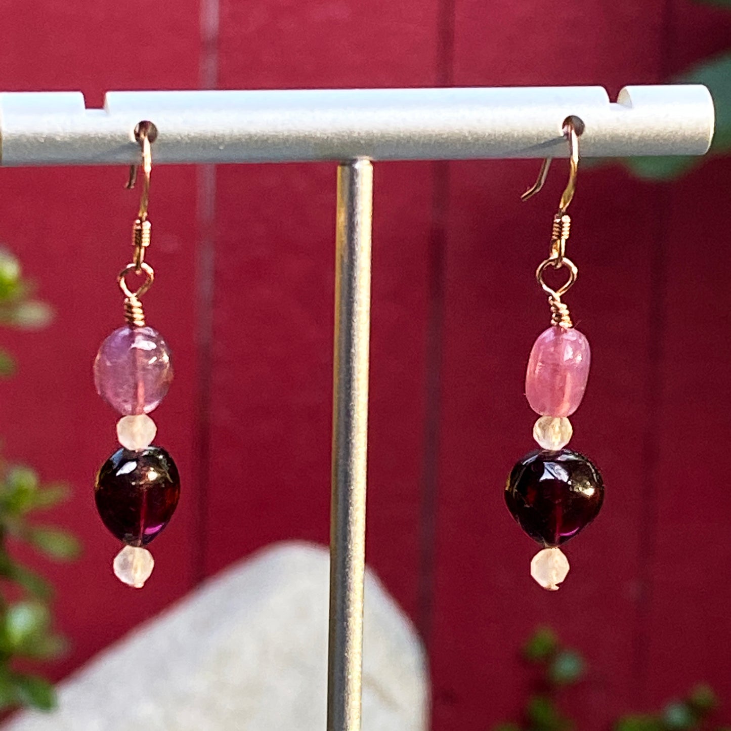 Gemstone earrings with Pink Sapphire, Rose Quartz & Garnet Heart