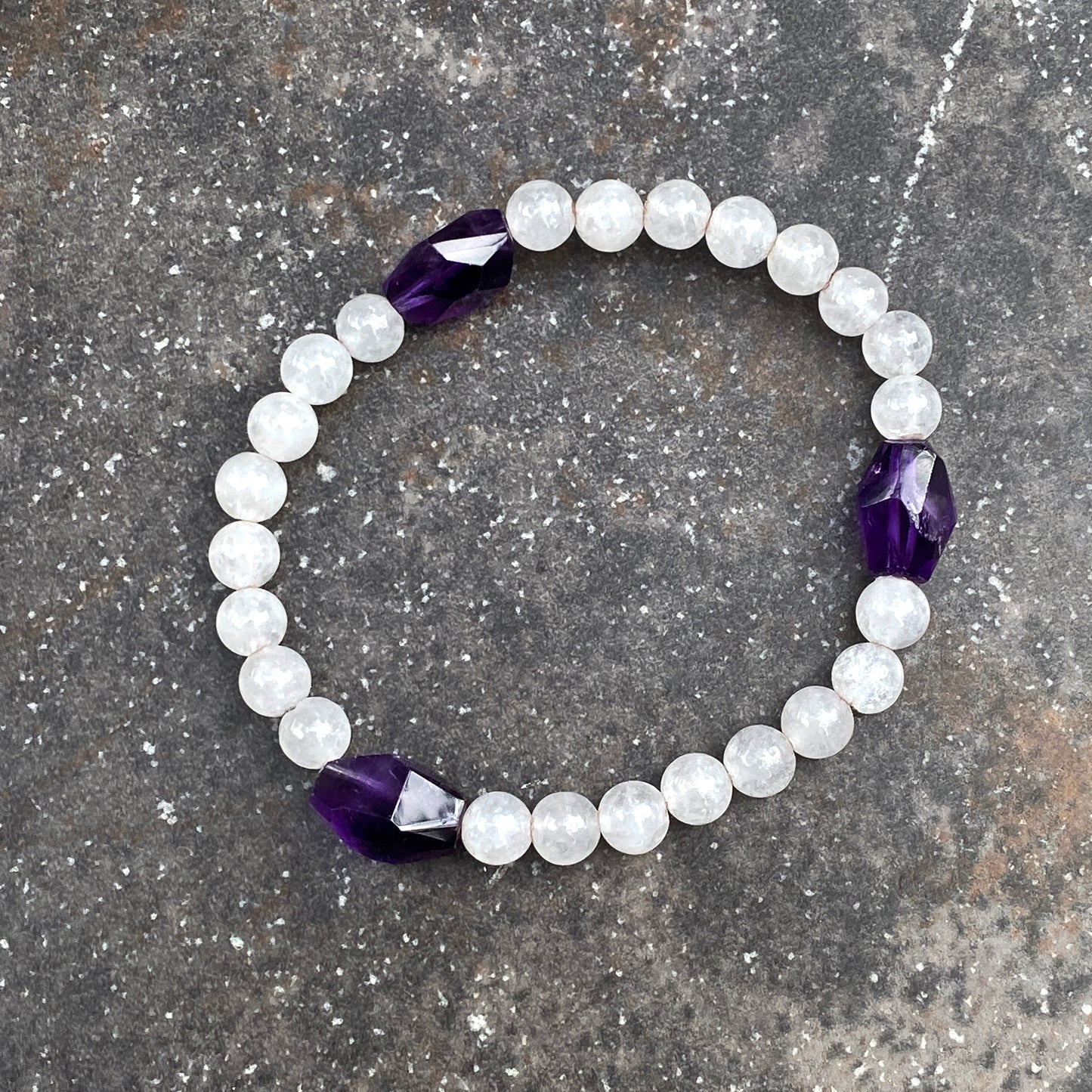 Women's Three Purple Gemstone "LOVE" bracelet stack made of white Jade, Amethyst, clear Quartz
