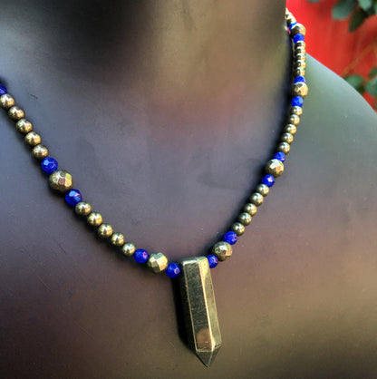 Pyrite Pendent necklace with Blue jade Gemstones