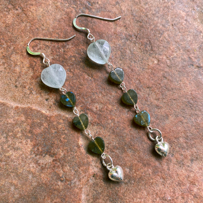 Women's Aquamarine and Labradorite heart earrings with sterling silver hearts