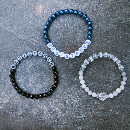 RESISTANCE bracelets in various sizes and gemstones