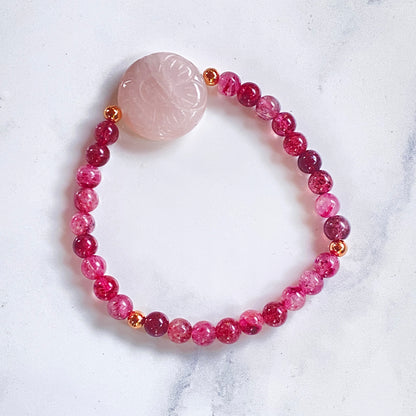 Mixed Tormaline or Red Lepidolite and Rose Quartz gemstone bracelets