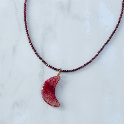 Dragon’s Vein’s Agate Moon Hand-wrapped Pendant w/ 14 Kt Rose Gold Filled on Garnets
