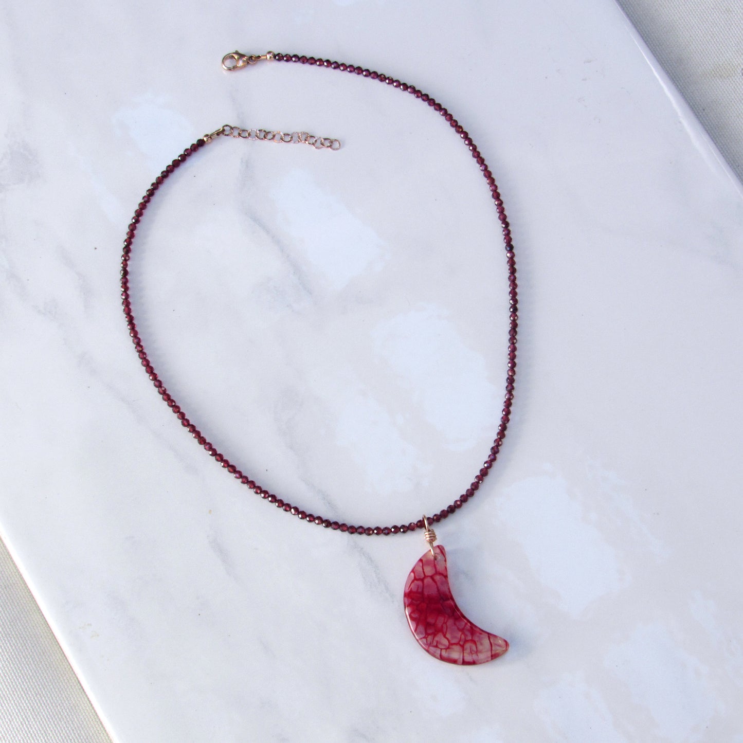 Dragon’s Vein’s Agate Moon Hand-wrapped Pendant w/ 14 Kt Rose Gold Filled on Garnets
