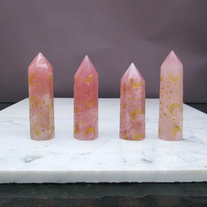 Rose Quartz gemstone healing wands with moons and star designs