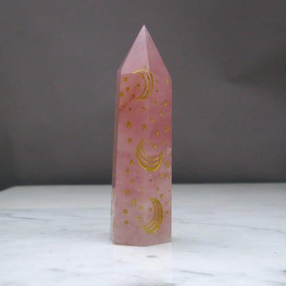 Rose Quartz gemstone healing wands with moons and star designs