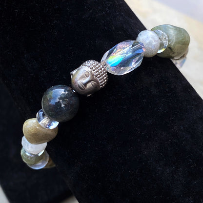 Women’s Clear Quartz, Labradorite and Hematite Buddha Gemstone beaded stretch Bracelet