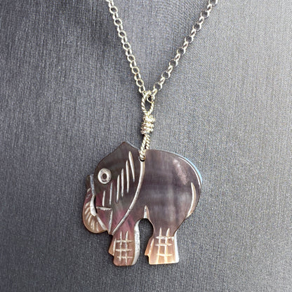 Mother of Pearl carved elephant pendant necklace of Sterling Silver