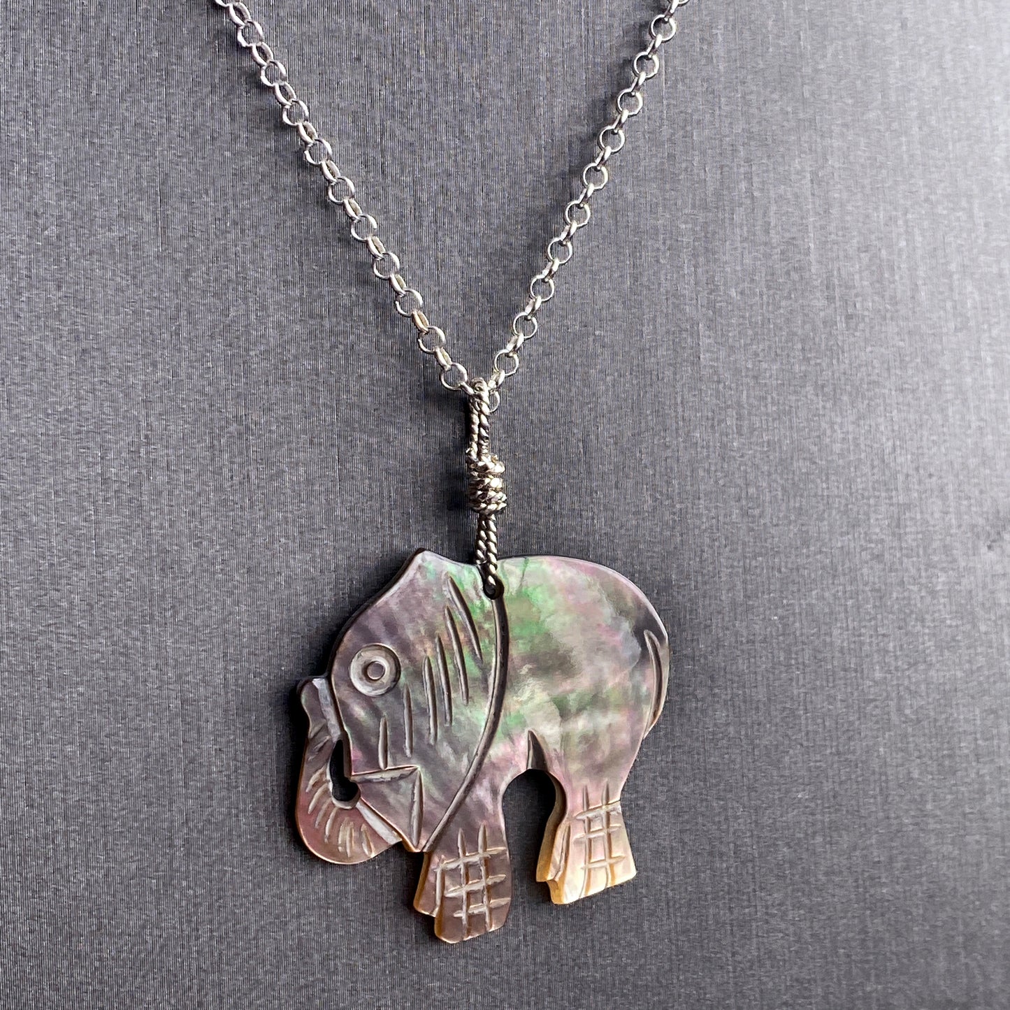 Mother of Pearl carved elephant pendant necklace of Sterling Silver