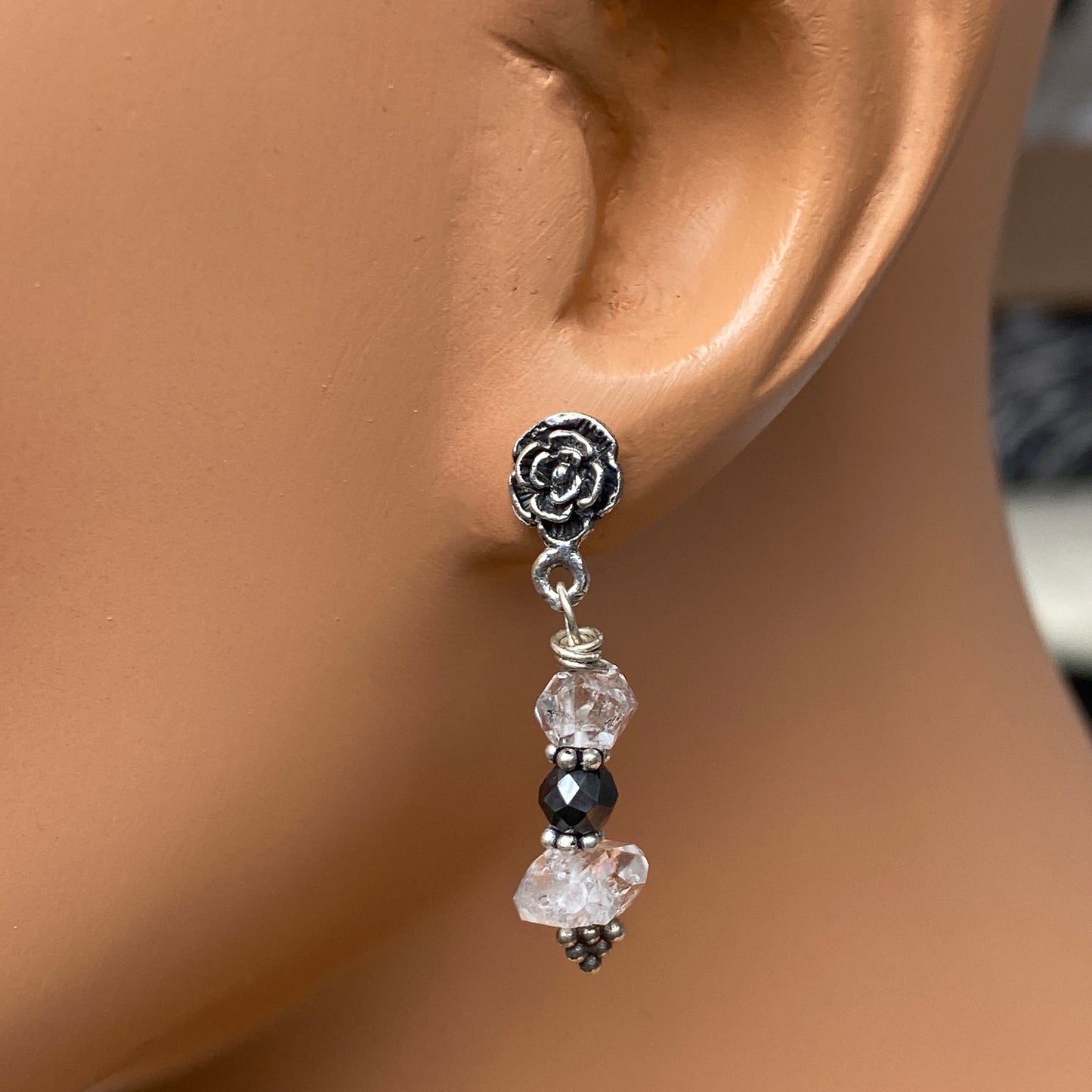 Black Diamond, Herkimer Diamond, and Sterling Silver Stud Earrings