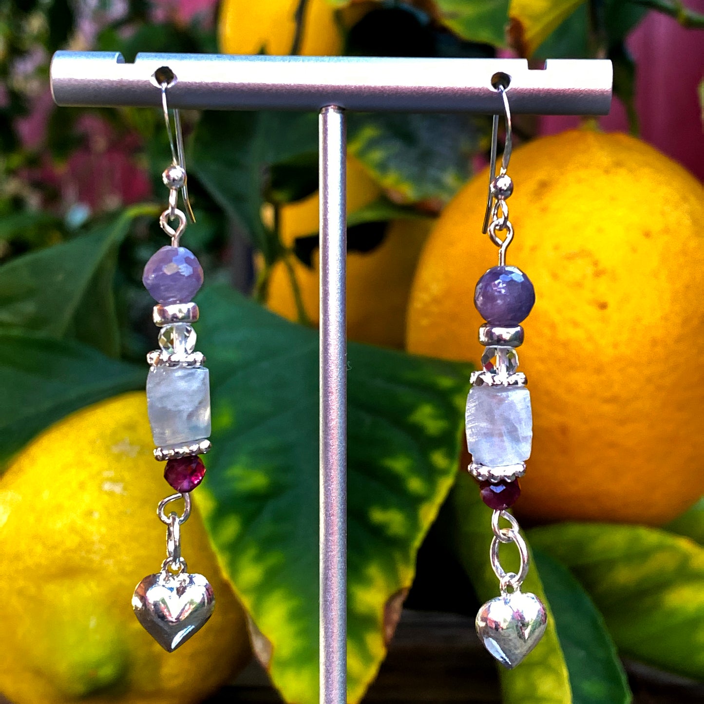 Women's Sterling Silver heart drop earrings with Precious & Semi Precious stones