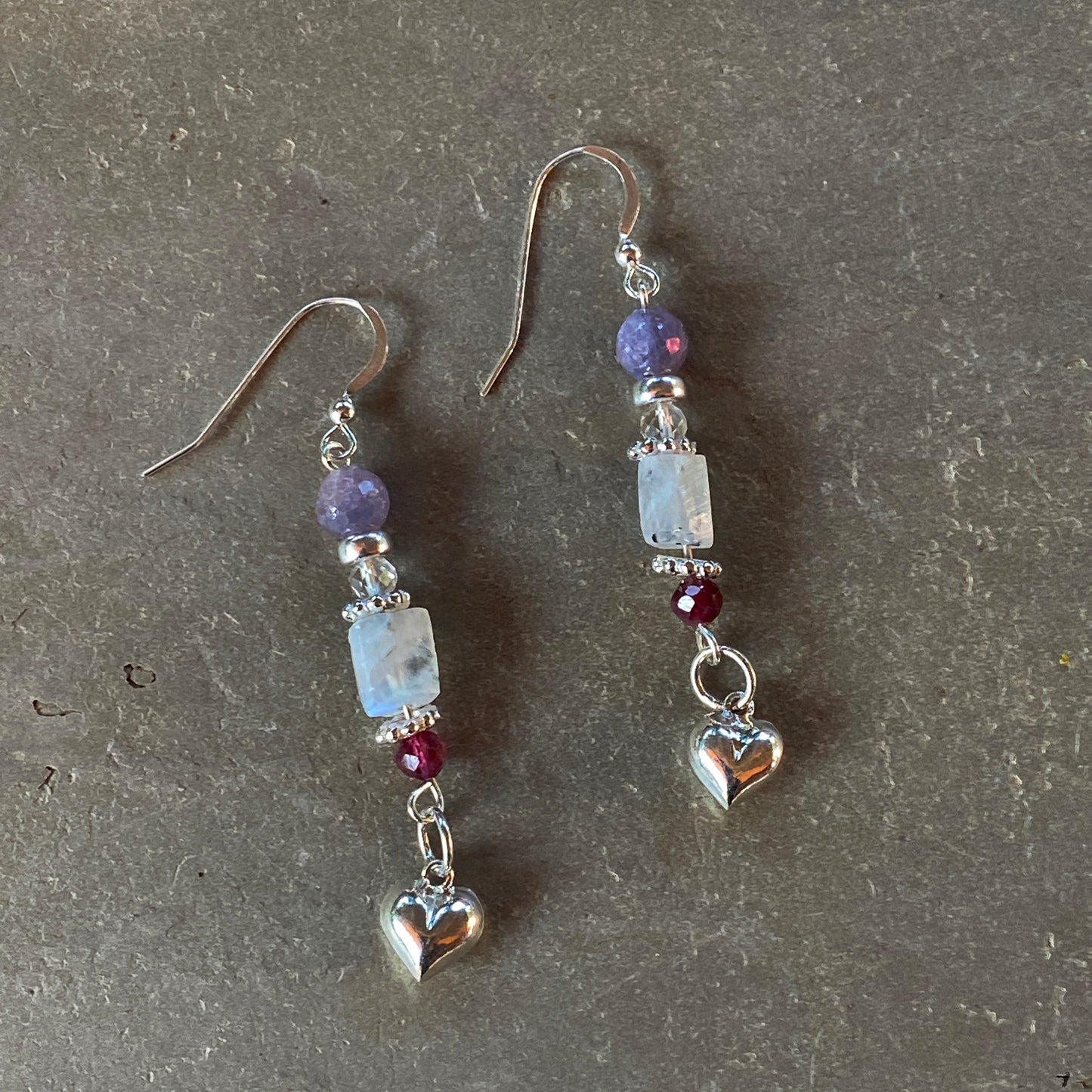 Women's Sterling Silver heart drop earrings with Precious & Semi Precious stones