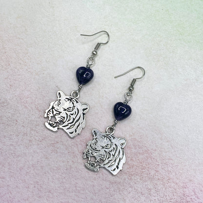 Tiger earrings with amethyst gemstone hearts