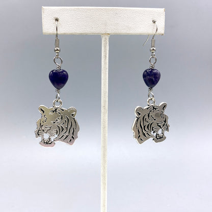 Tiger earrings with amethyst gemstone hearts