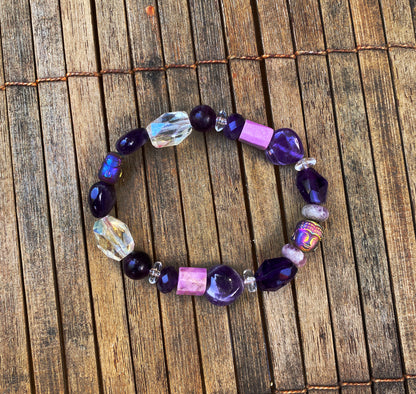 Women's Amethyst, Purple Lepidolite, purple Fluorite, Clear Quartz Gemstone Bracelet