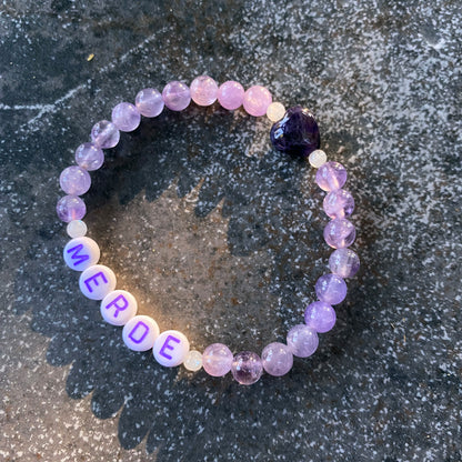 Women’s “merde” curse bracelet pink agate, rose hematite, and mother of pearl