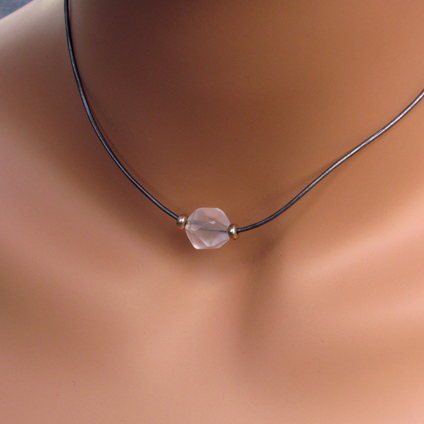 Thin Leather and Natural Topaz Gemstone necklace with Sterling Silver