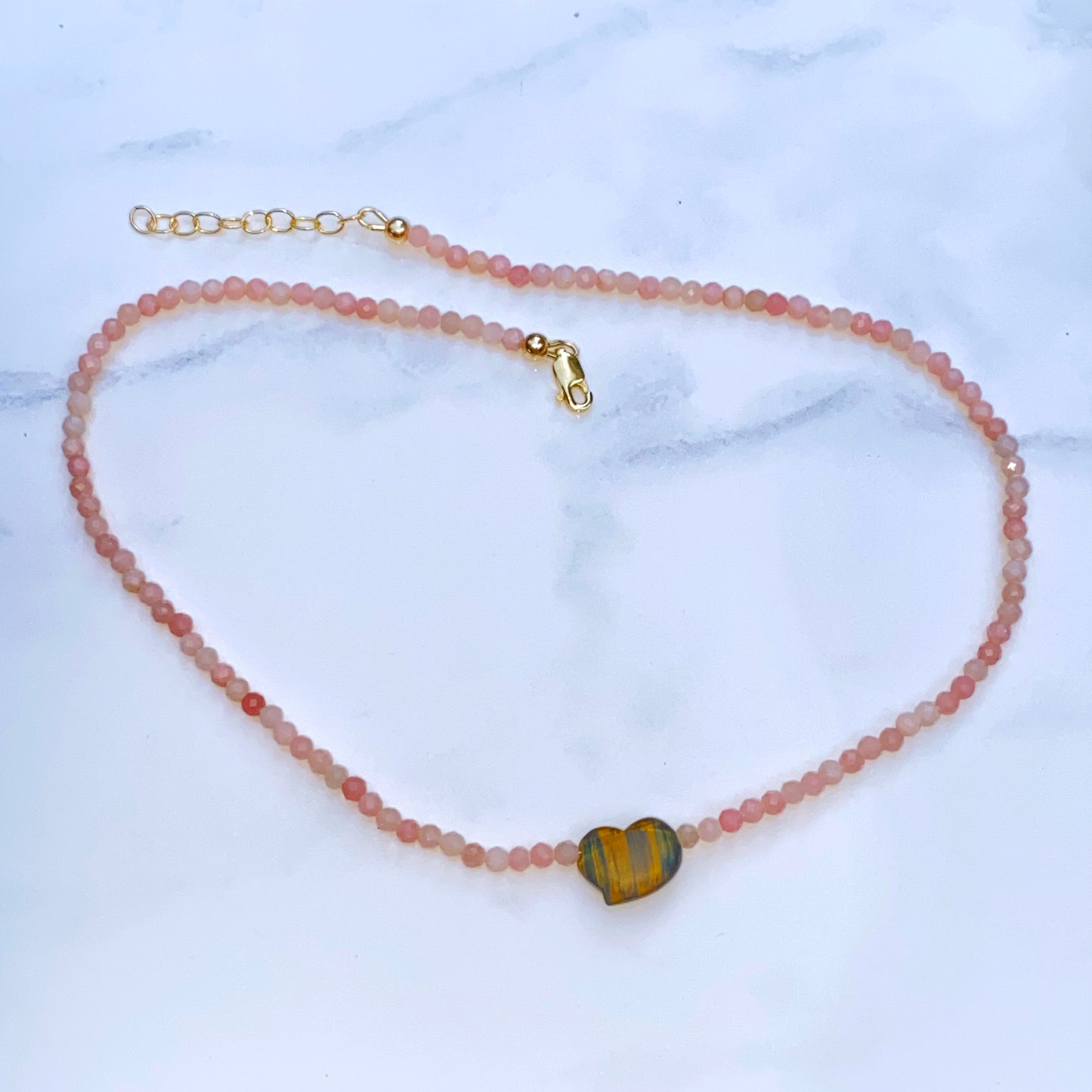 Women's Tiger Eye heart Pink Opal or Turquoise Gemstone beaded Necklace
