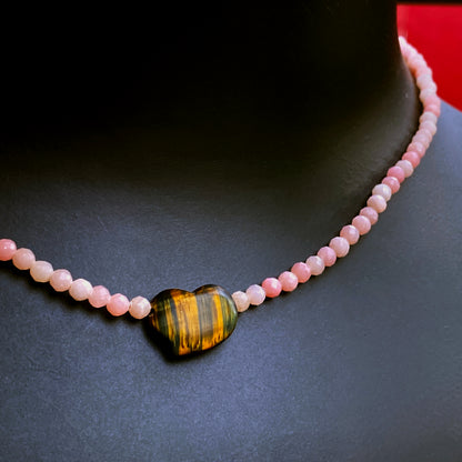 Women's Tiger Eye heart Pink Opal or Turquoise Gemstone beaded Necklace
