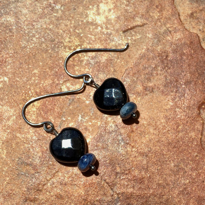 Tiny Faceted Onyx Gemstone Hearts and Precious Sapphire earrings