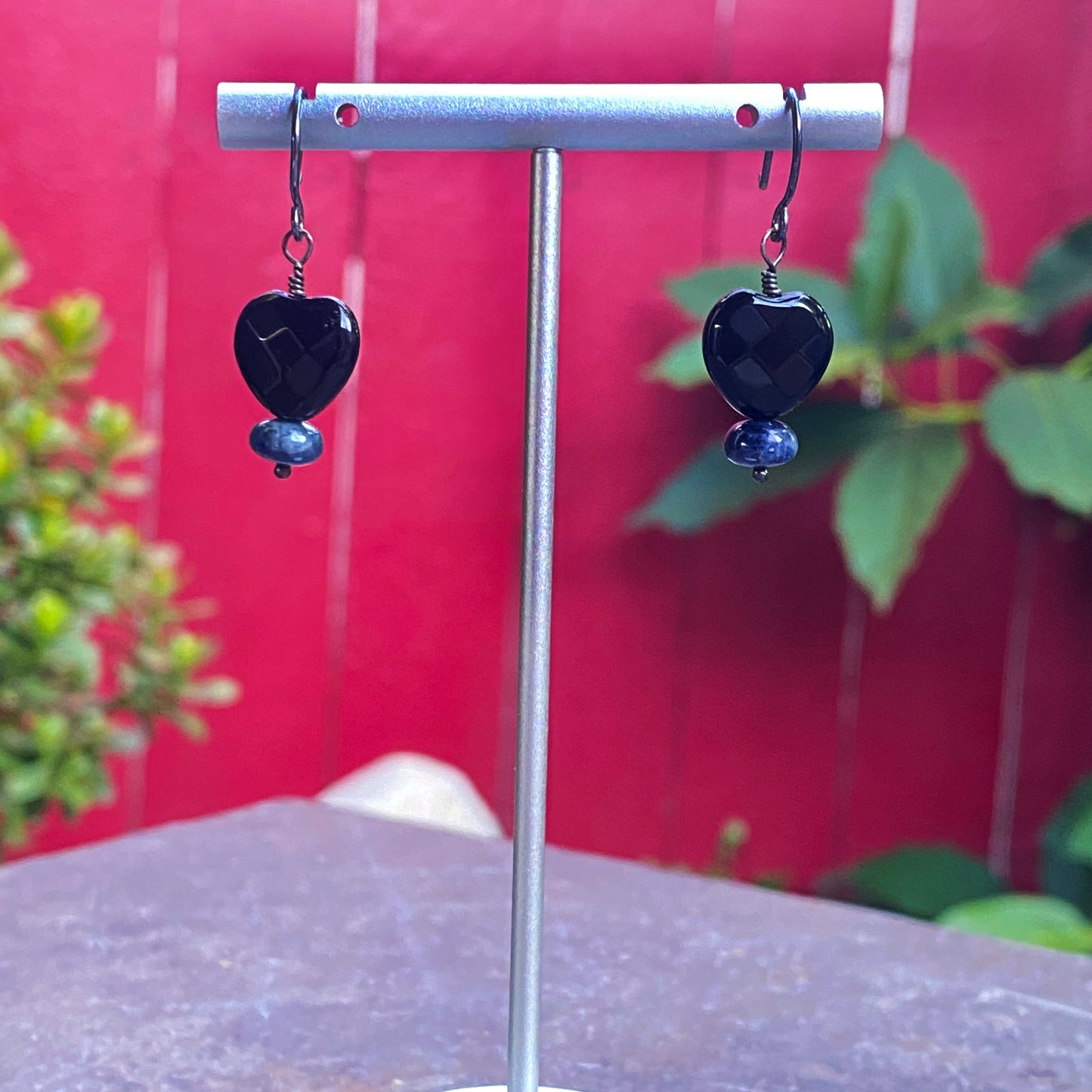 Tiny Faceted Onyx Gemstone Hearts and Precious Sapphire earrings