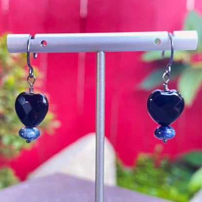 Tiny Faceted Onyx Gemstone Hearts and Precious Sapphire earrings