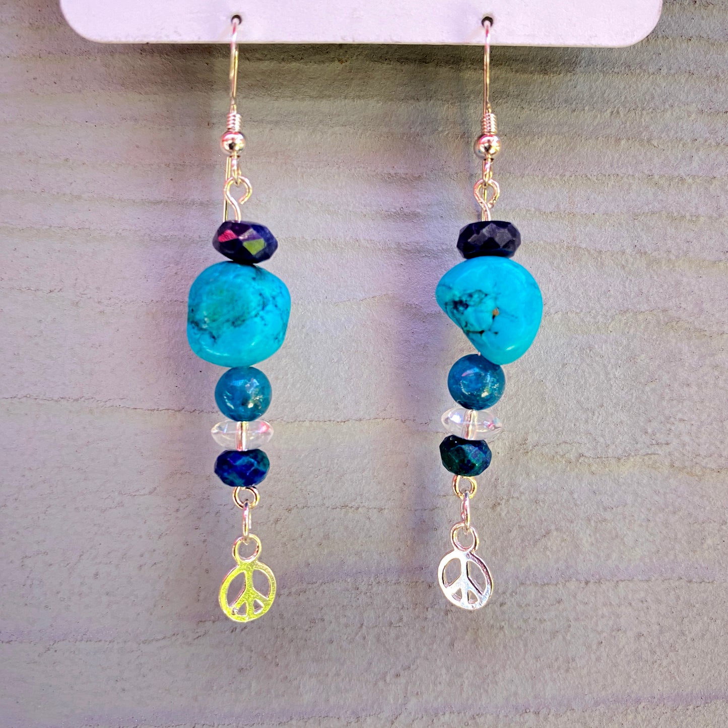 Turquoise Gemstone drop Earrings with Sapphire, Gemstones and sterling silver peace sign or feather