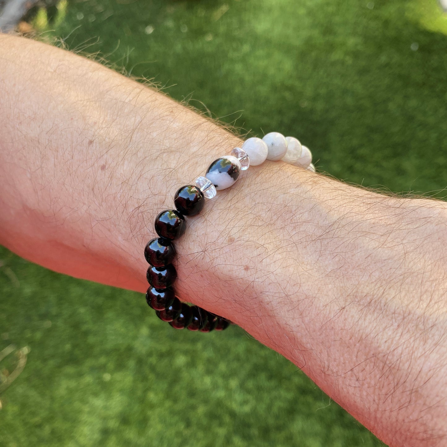 Men’s Moonstone, Onyx, and Zebra Jasper "Balance" stretch bracelet