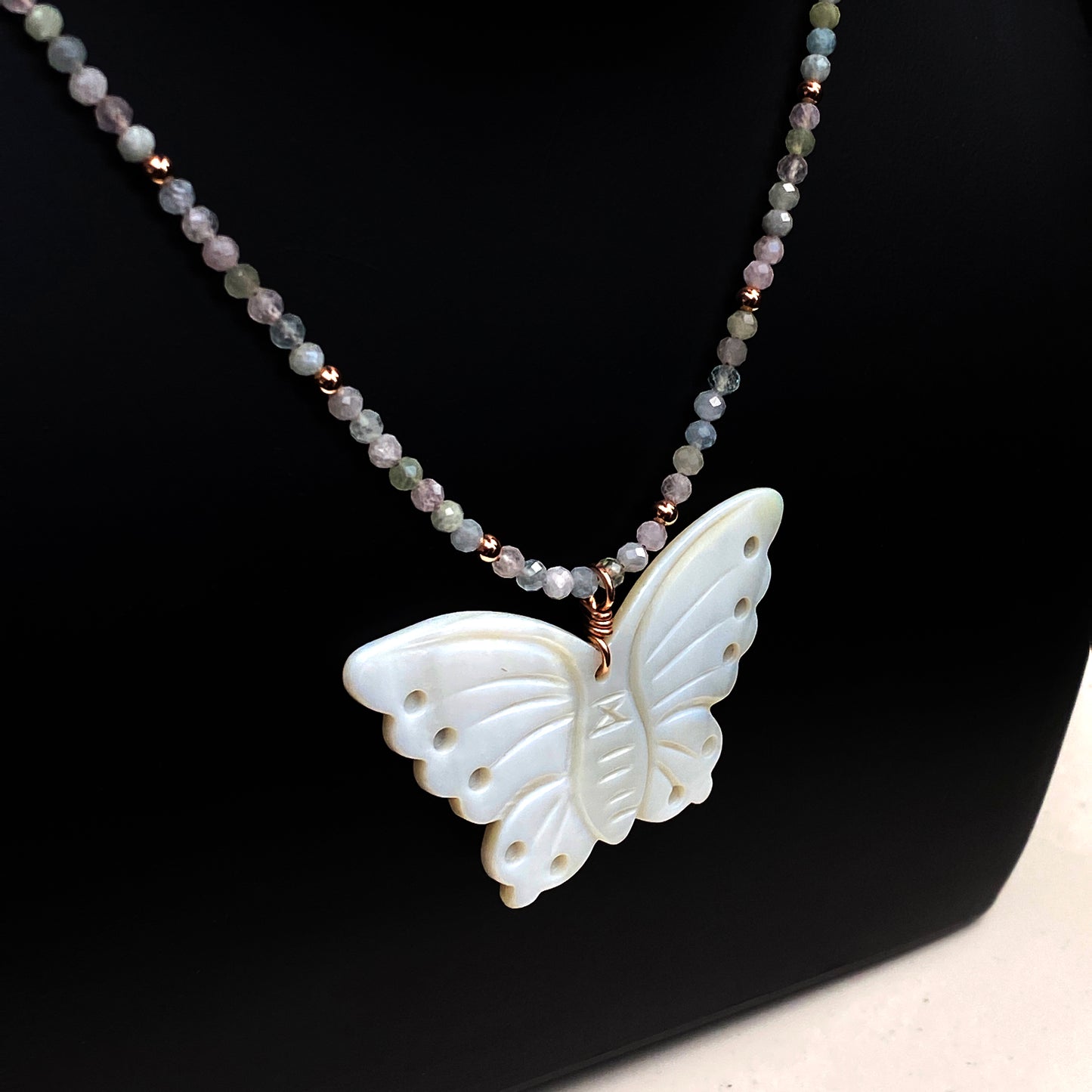 Women's Abalone Butterfly Pendant 14k Gold wire wrapped on beaded Morganite necklace