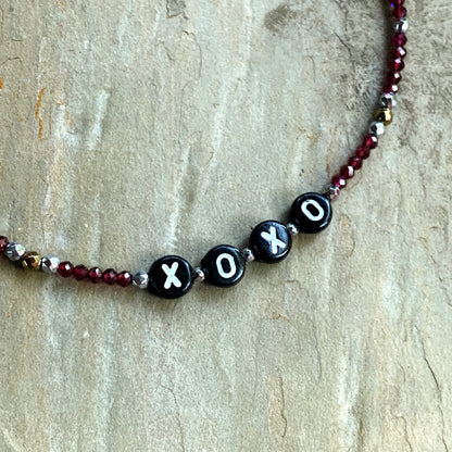 Garnet, Hematite “xoxo” Gemstone Anklet with oxidized silver clasp and chain